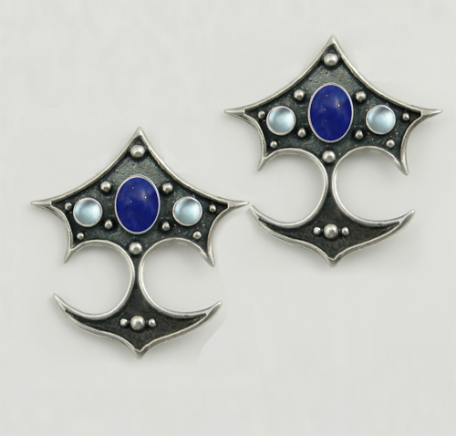 Sterling Silver Gothic Drop Dangle Earrings With Lapis Lazuli And Blue Topaz